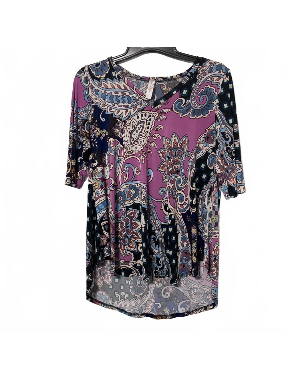 DD Boutique Women Purple Blue V-Neck Boho Paisley Short Sleeve Artsy Top Medium